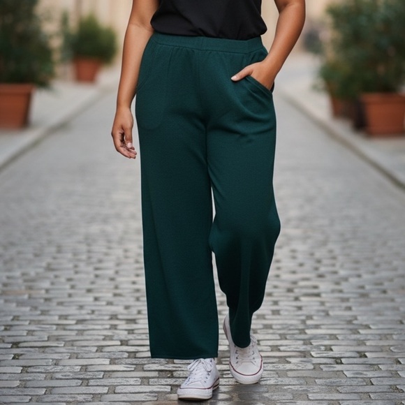 Wynne Layers Pants - WYNNE LAYERS (1X) Sweater Knit Wide-Leg Pants Pockets Pull-On Soft Dark Teal NEW